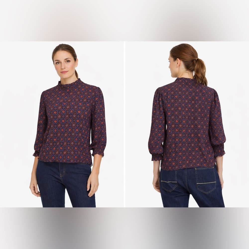 Zara Women Blue Red Triangles Cinched Sleeve Top Extra Large